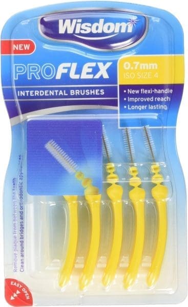 Brosse interdentaire Wisdom-Proflex-Jaune-0,70 mm-e1695990447150.jpg Brosse interdentaire Wisdom Proflex Jaune 0,70 mm