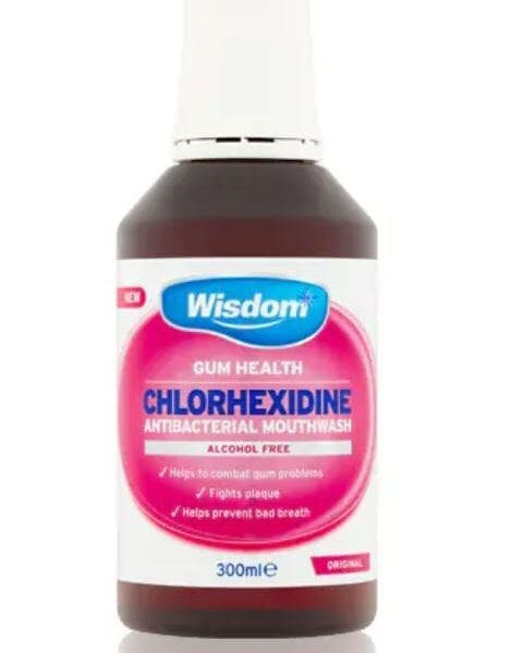 Wisdom-Chlorhexidine-Bain de bouche-Sans alcool-Original.jpg Bain de bouche Wisdom à la chlorhexidine sans alcool - Original